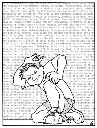 Cartoon - guy being crushed under wordy 'terms and conditions' legalese