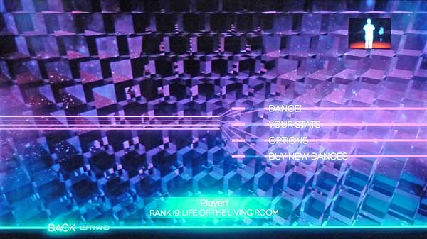 Screenshot from Dance Central, menu mainly on the right, but back option is on the left and is activated by a left-hand gesture