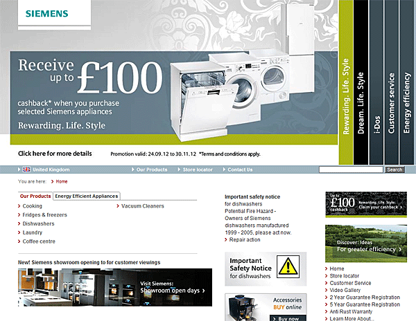 Screenshot of Siemens UK homepage for appliances, showing an automatic slide show that covers the top half of the visible page.