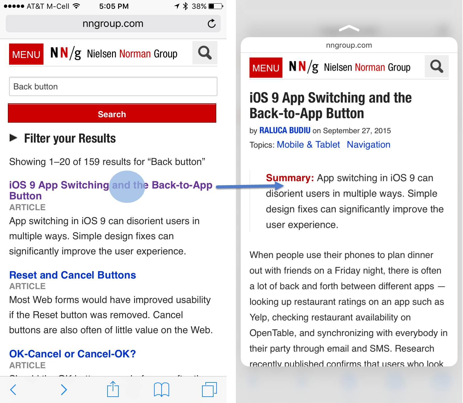 NNgroup.com search result page: list of articles and preview of one article