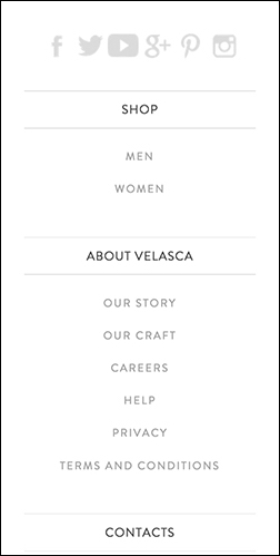 Velasca mobile website's bottom navigation looks like a list of words in all-caps