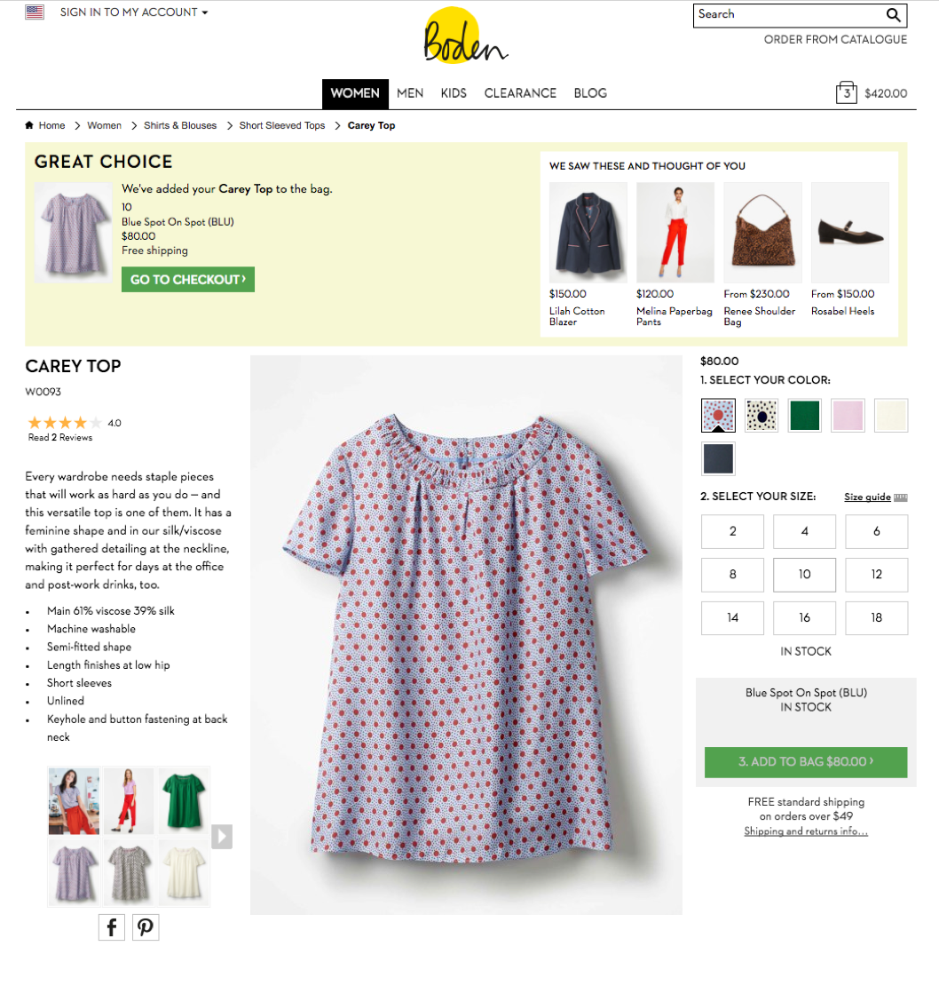 Boden shows a banner indicating items have been added to cart, but also includes cross-sell promotions