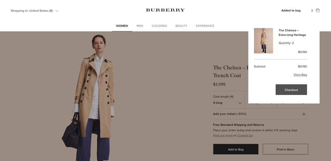 Burberry transient overlay for add to cart