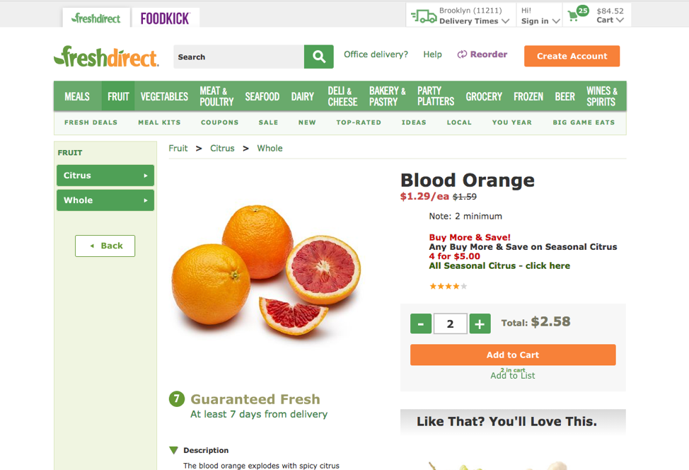 Freshdirect shows a small, easy-to-miss indicator that an item was already in the cart