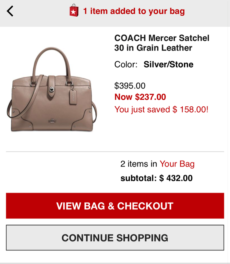 Macy's iOS app shows a new interstitial page to confirm an item has been added to cart