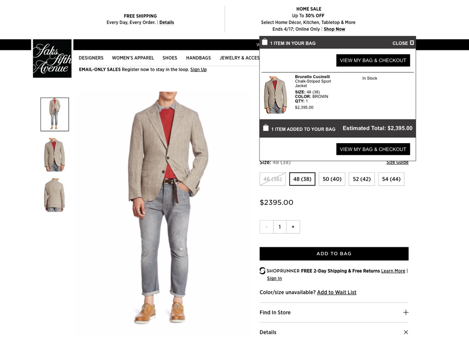 Saks Fifth Avenue non modal overlay showing feedback that an item was added to cart