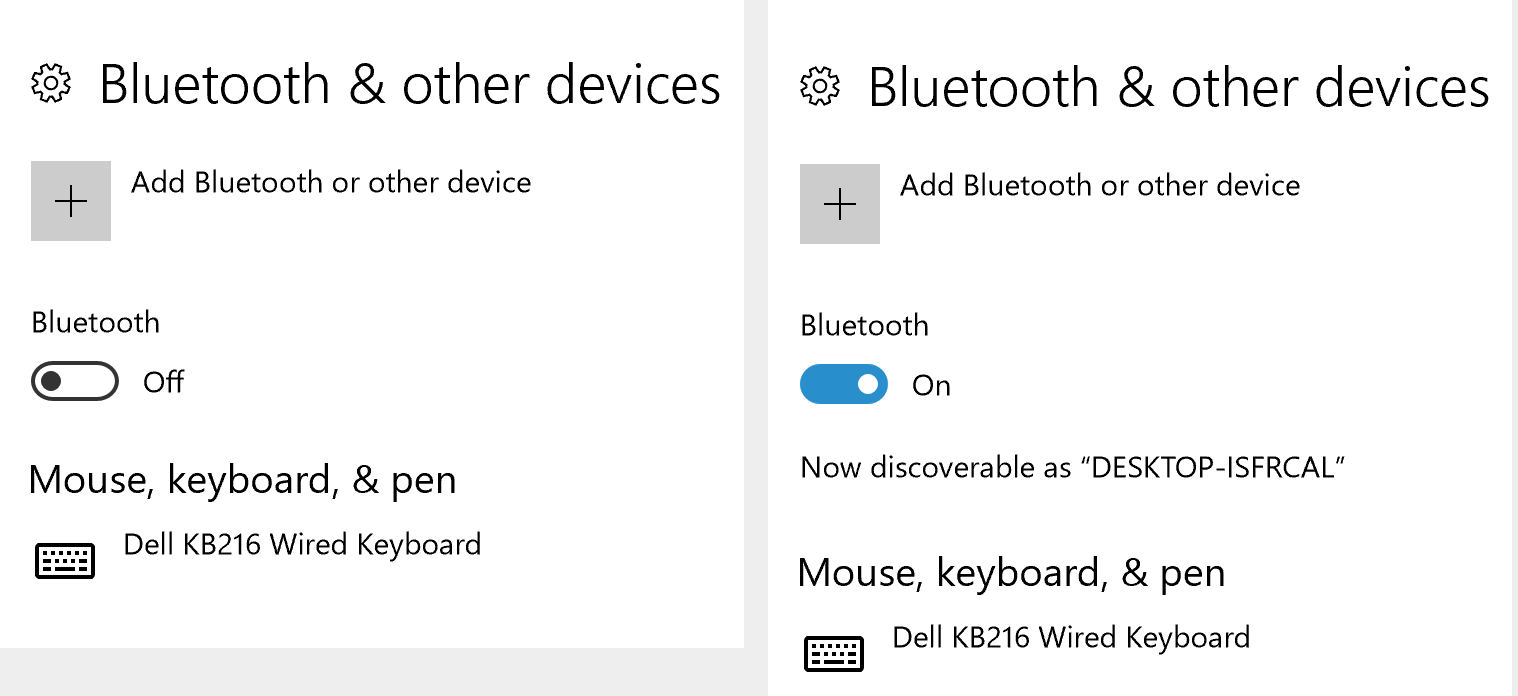 Screencapture of a Bluetooth switch in both the off and on positions