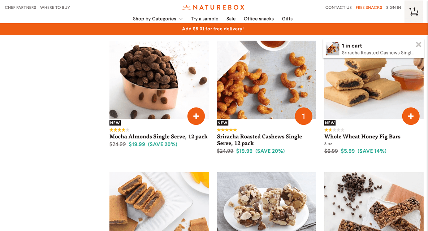 Screenshot of NatureBox website with 1 item added into the cart