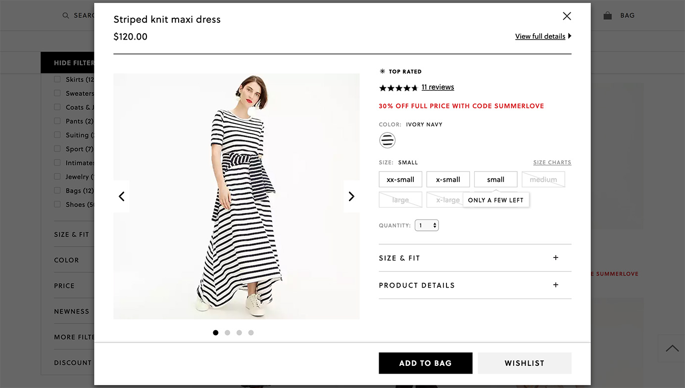 Screenshot of product quick view on J.Crew site