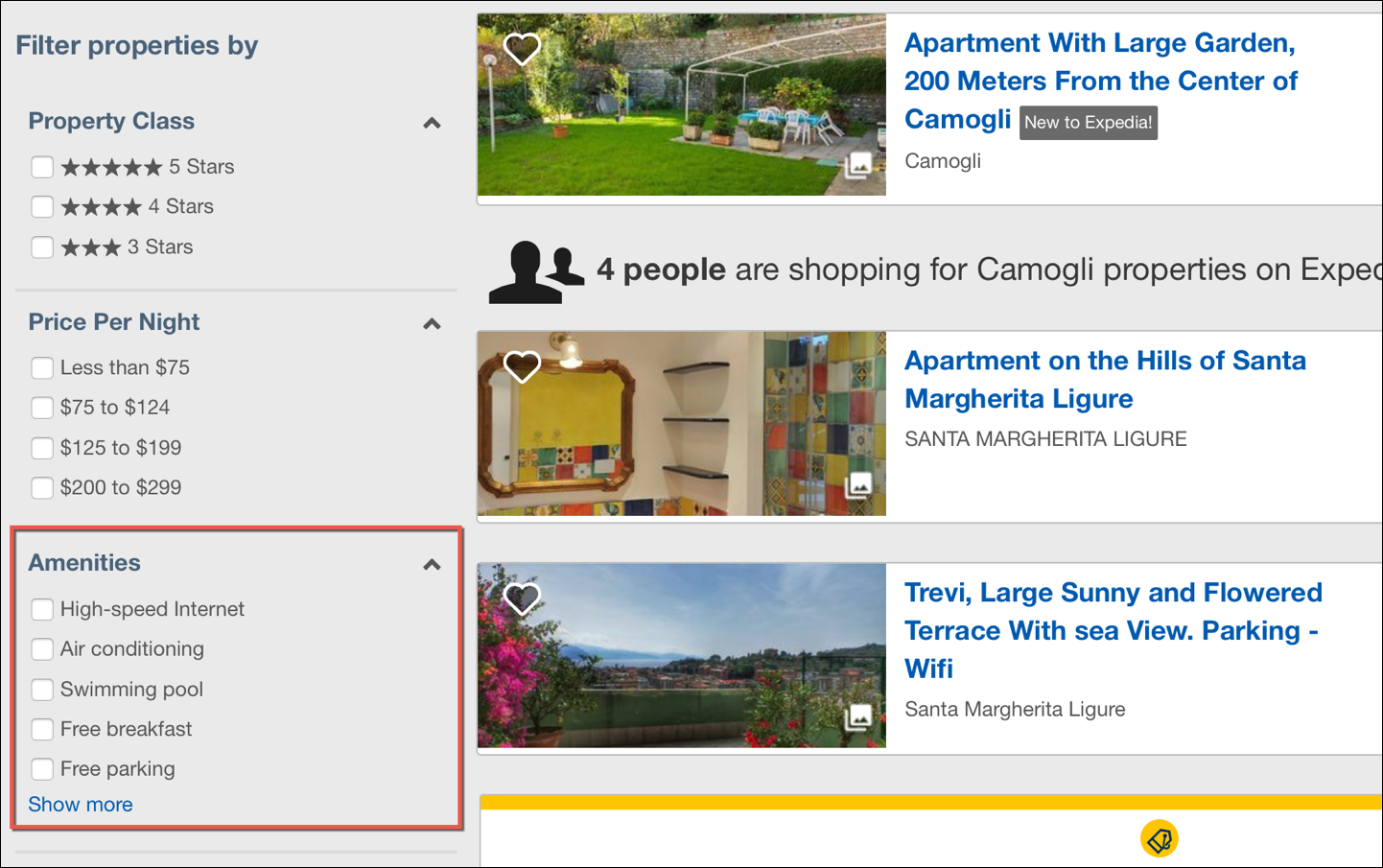 Users can select the Swimming pool filter value from the Amenities filter category on Expedia.com.