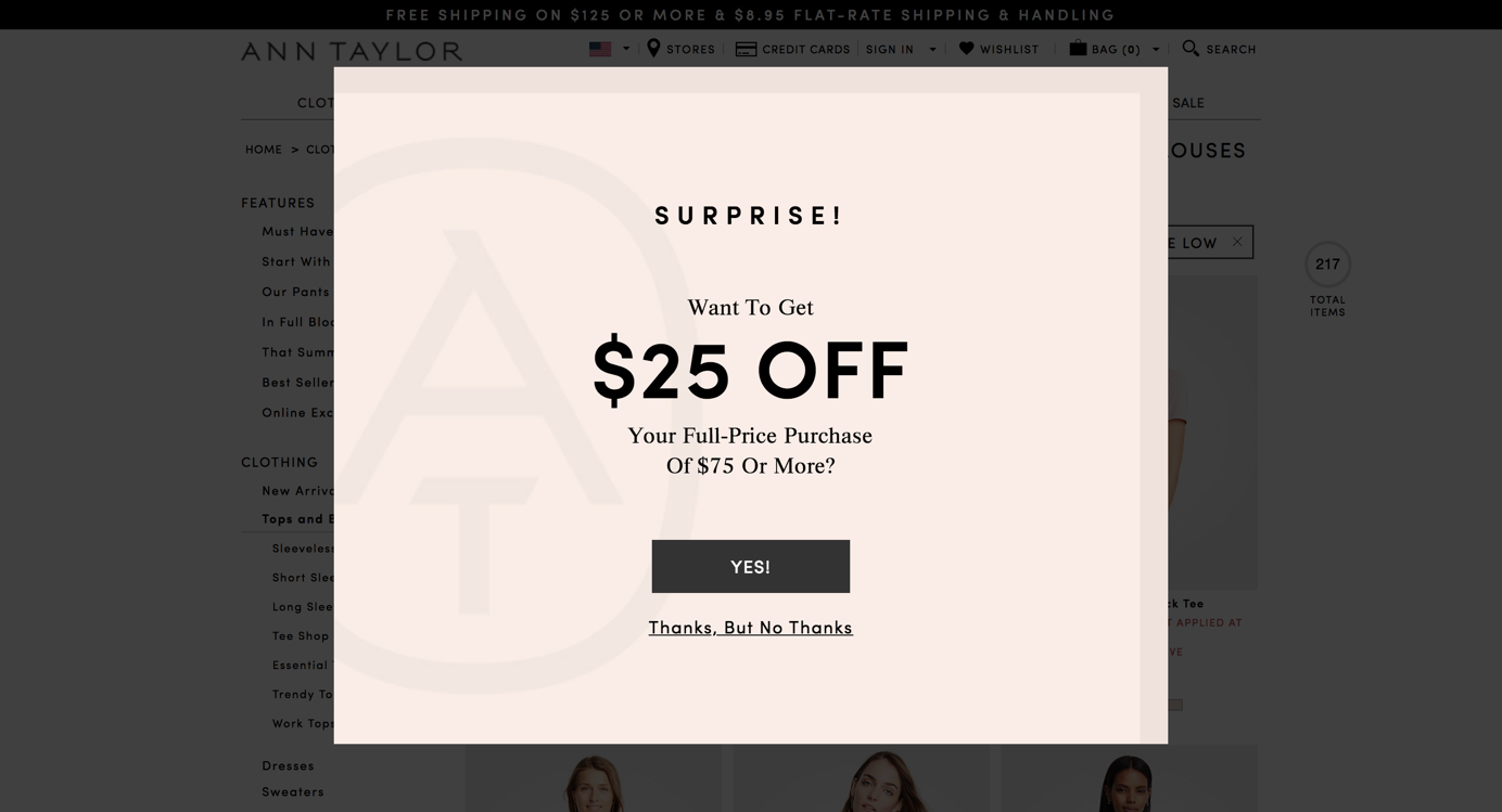 A startling pop-up disrupts the shopping experience on the Ann Taylor website