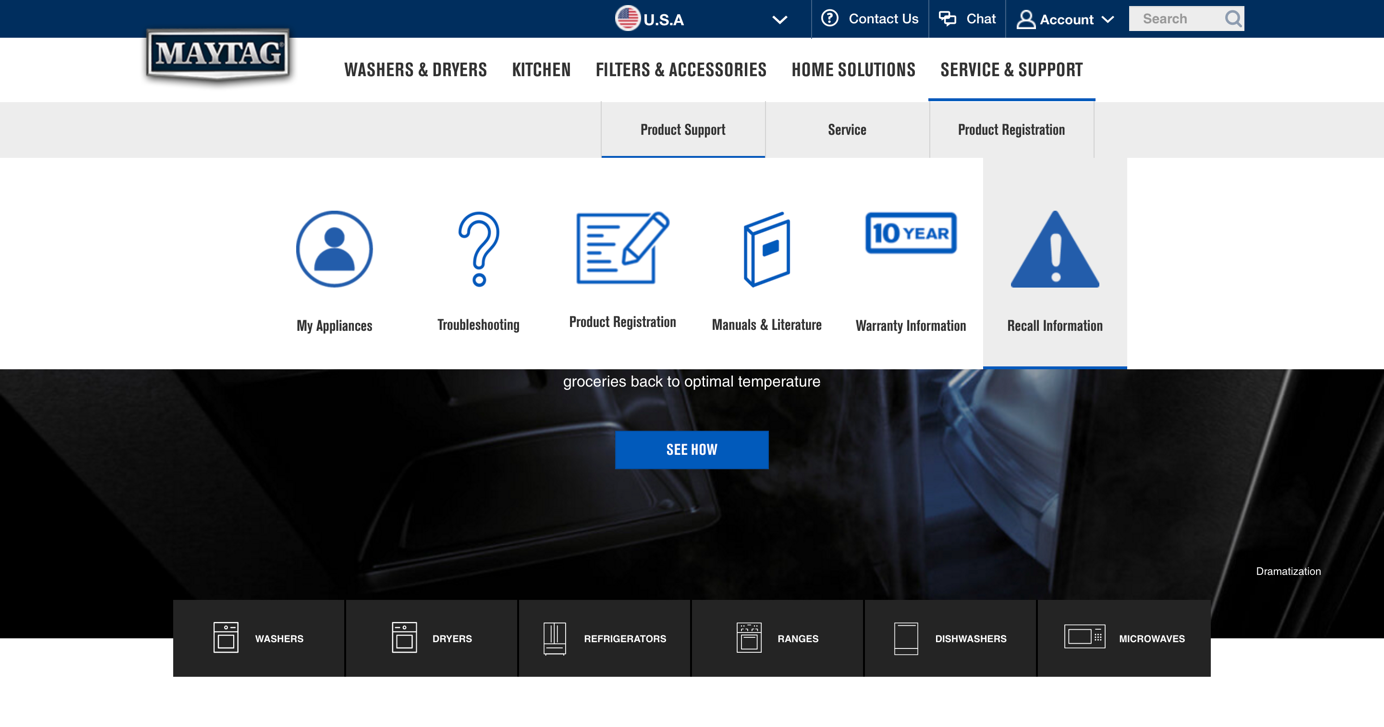 The navigation menu on the Maytag website frustrated users in our testing sessions