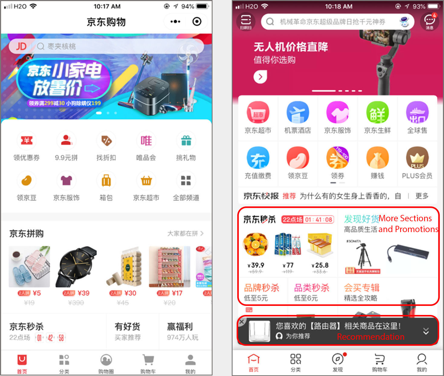 comparison of the JD shopping mini program (left) and JD’s mobile app (right) showed that the mobile app had more content to browse through, including a carousel, promotions, and sections.