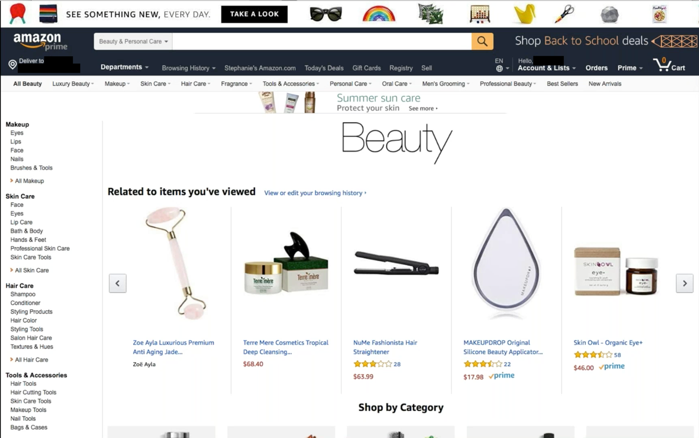 Screenshot of recommendations on an Amazon.com beauty product-listing page