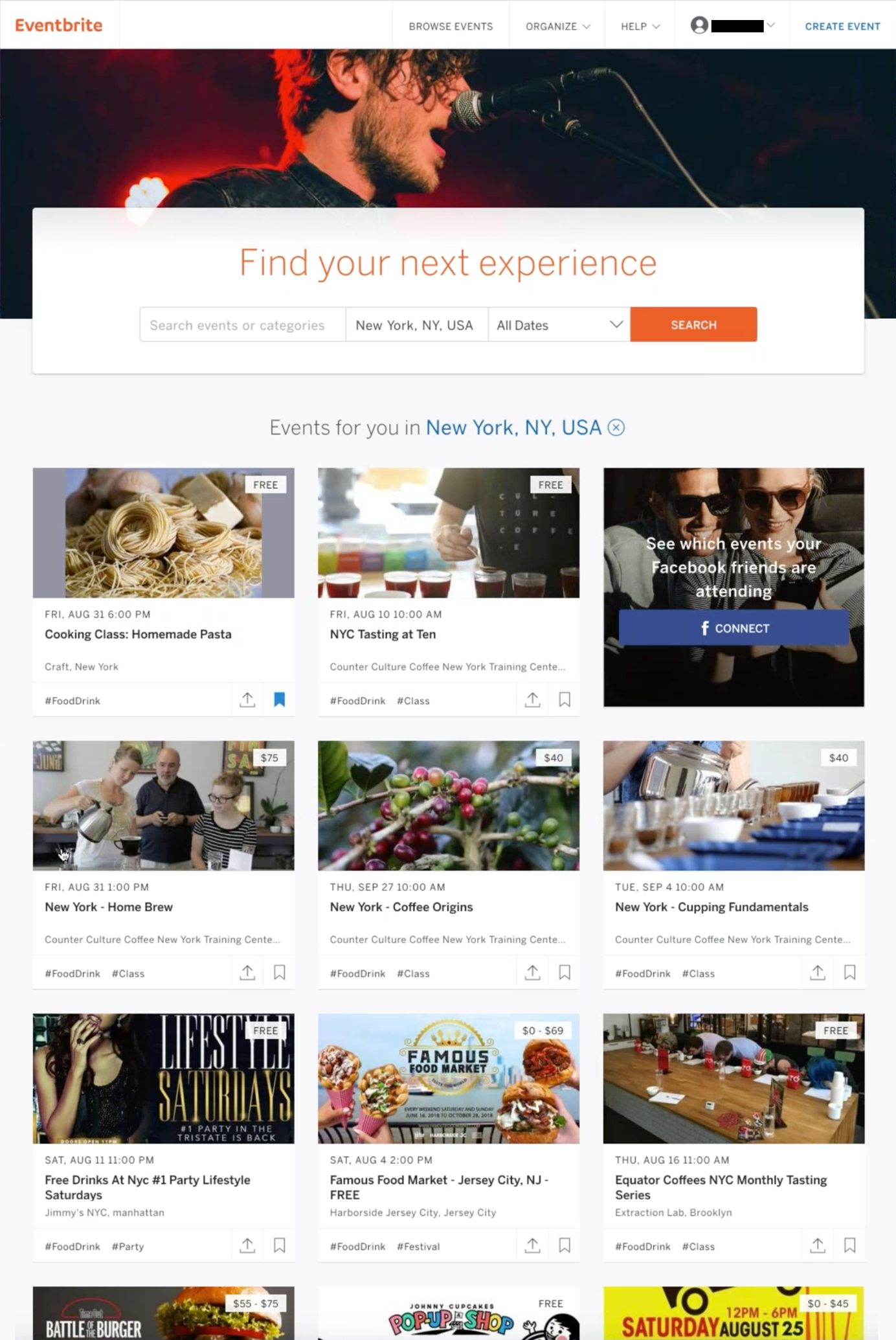 Screenshot of Eventbrite homepage