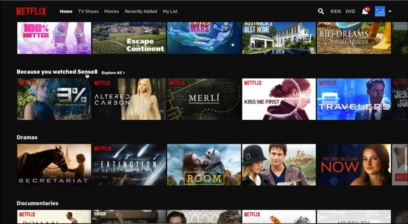 Screenshot of recommendations on Netflix