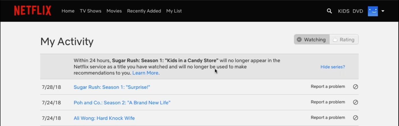 Screenshot of a user editing their viewing history on Netflix