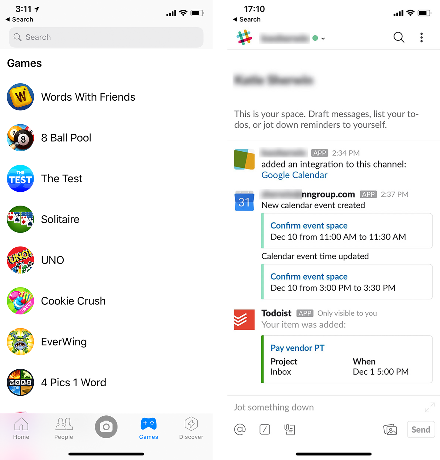 wo examples of “apps within apps” in U.S.: Facebook Messenger (left) has games within the app, and Slack (right) supports 3rd-party services that can link their apps or sites directly.