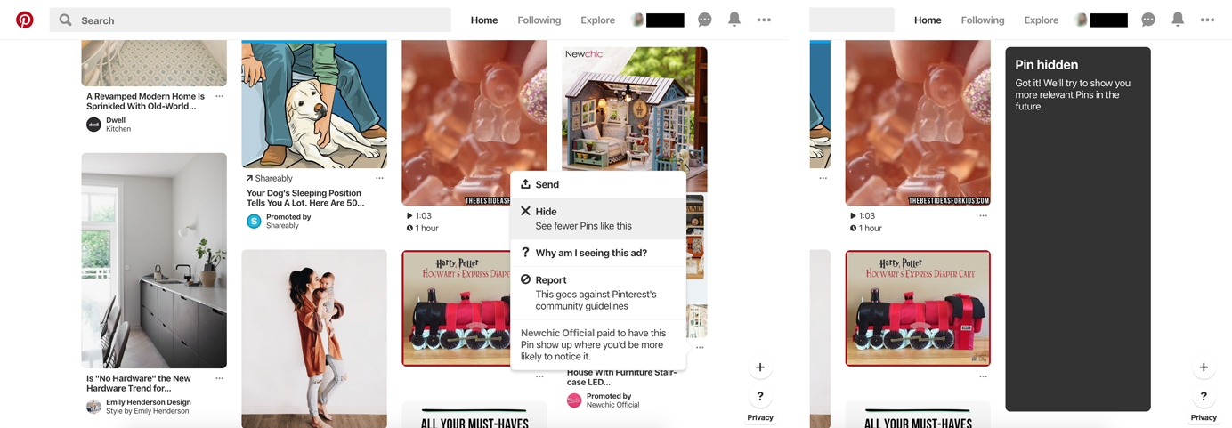 Screenshots of progression of hiding an ad on Pinterest.com