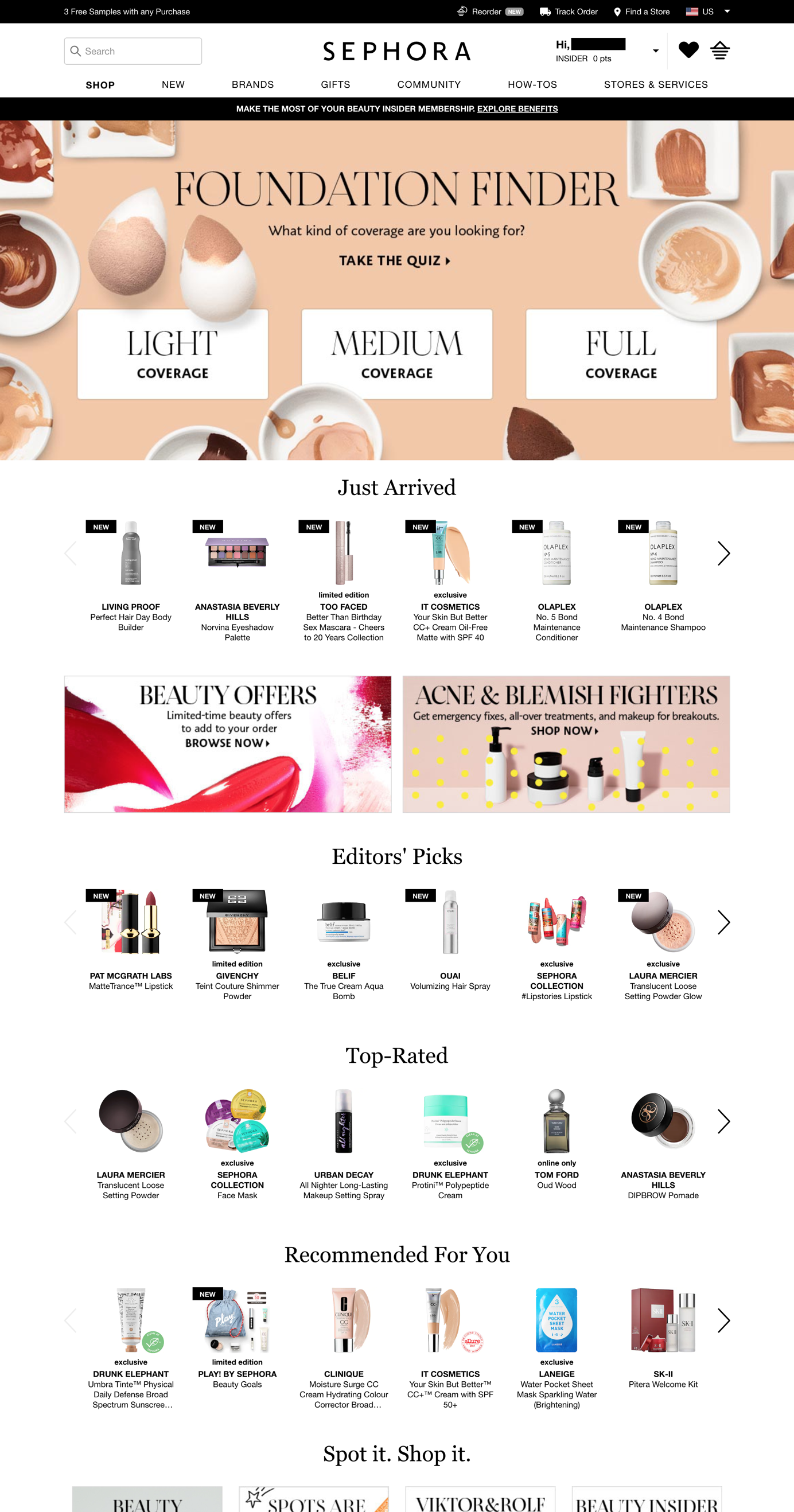 Screenshot of Sephora homepage