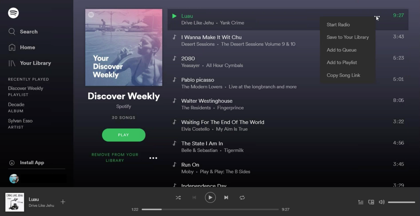 Screenshot of a user's Discover Weekly recommendations on Spotify