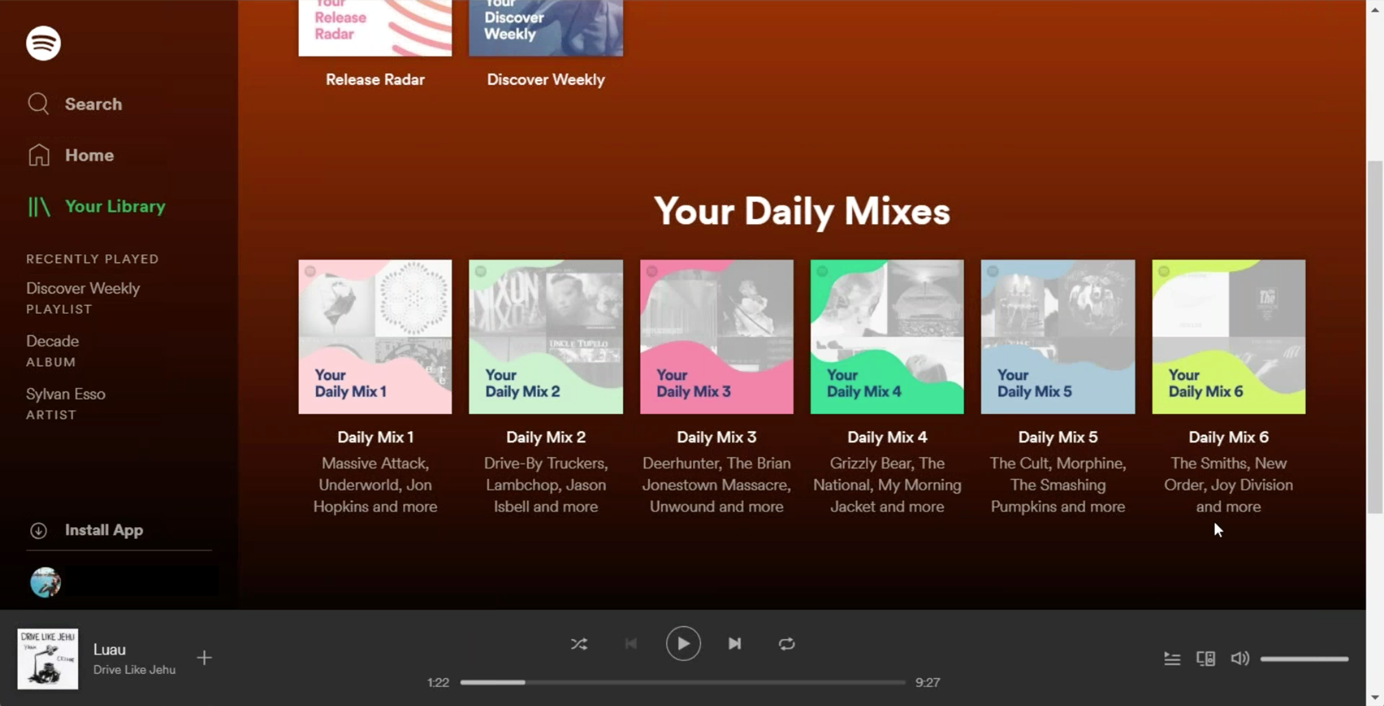 Screenshot of Spotify's Your Daily Mixes recommendations