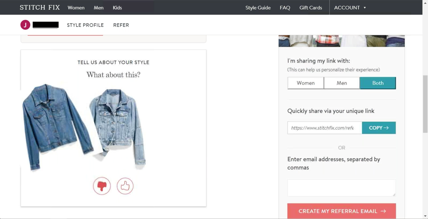 Screenshot of rating tool on StitchFix account page