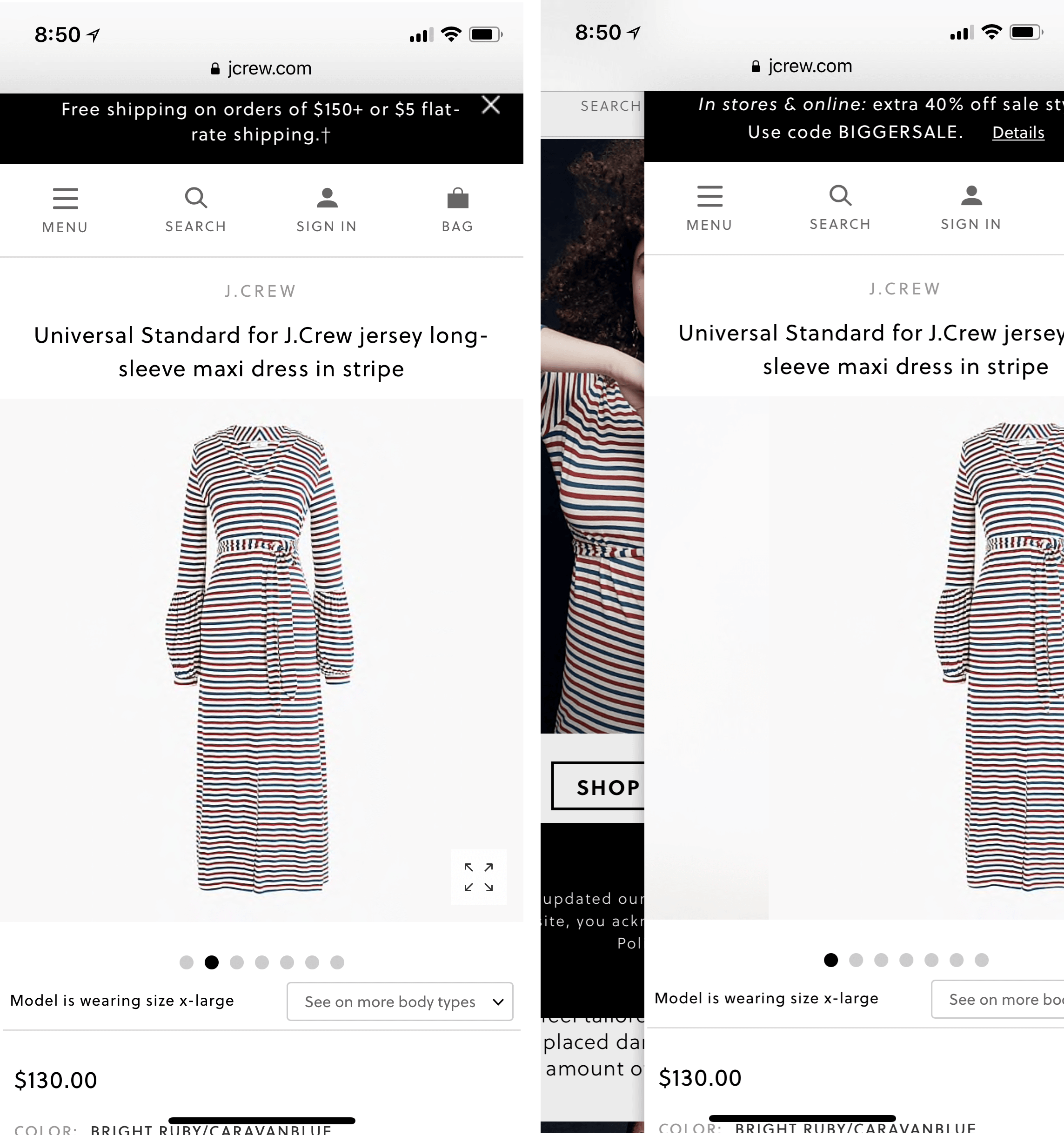 Left screenshot: the image of a dress with dots under. Right screenshot: two half images 