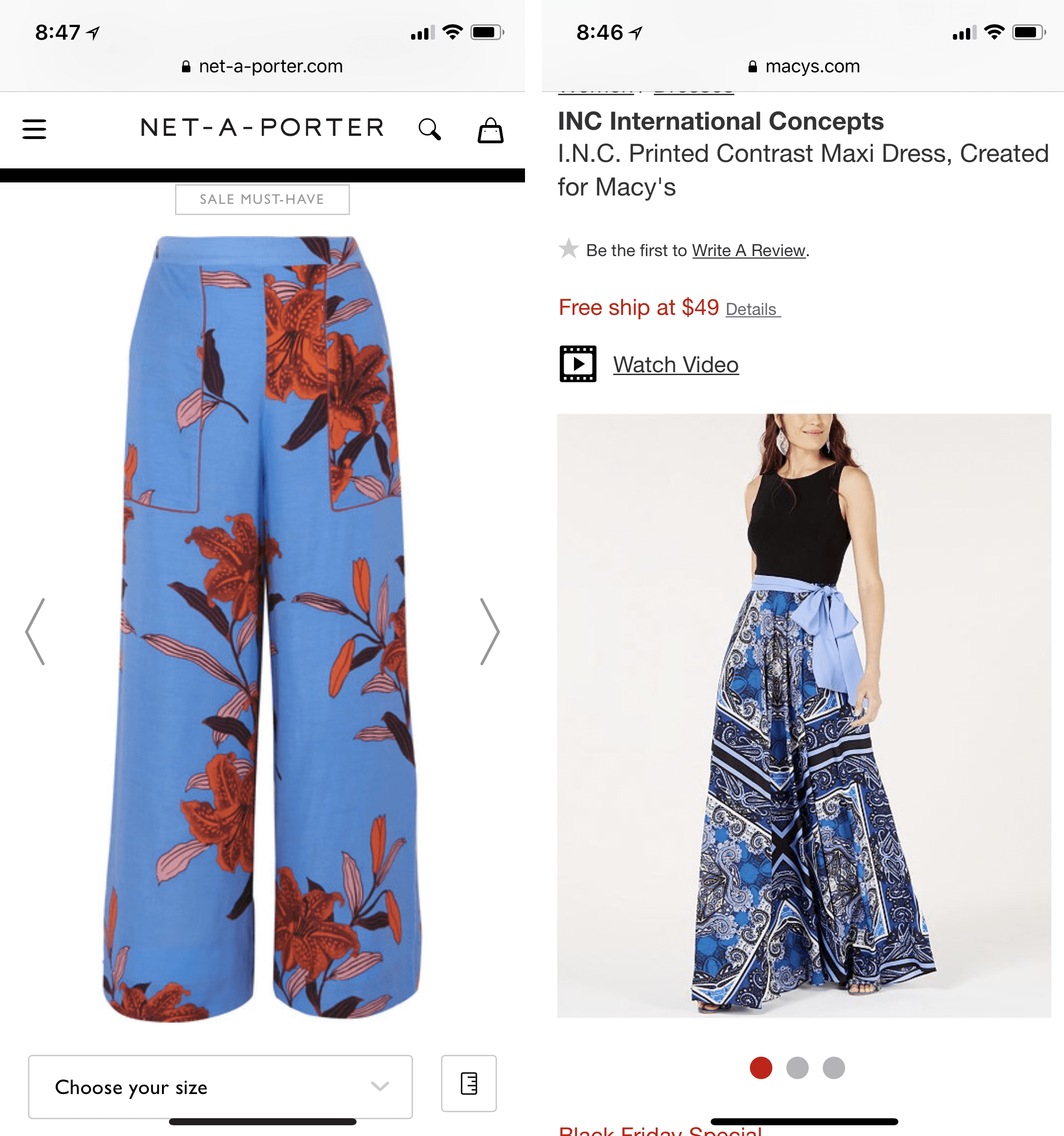 Left: pair of pants with arrows on the side; right: dress on gray background with some white space around the picture.