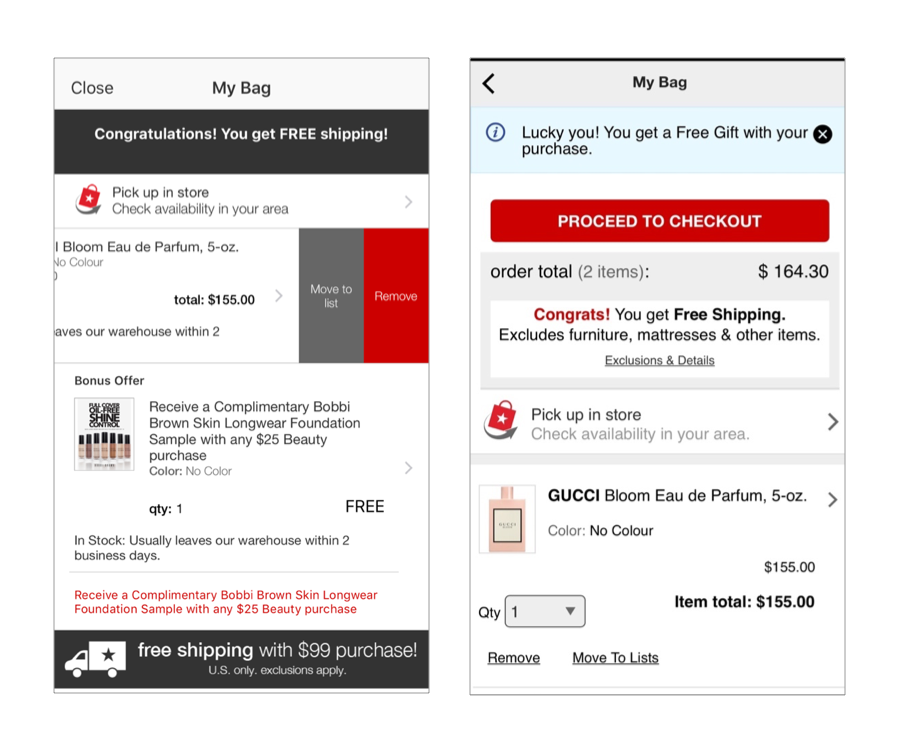 Macys native mobile cart differs from the mobile website