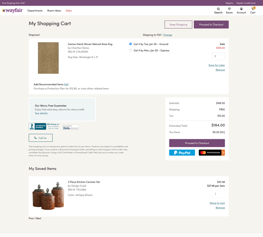 Wayfair moves saved cart items below the page fold