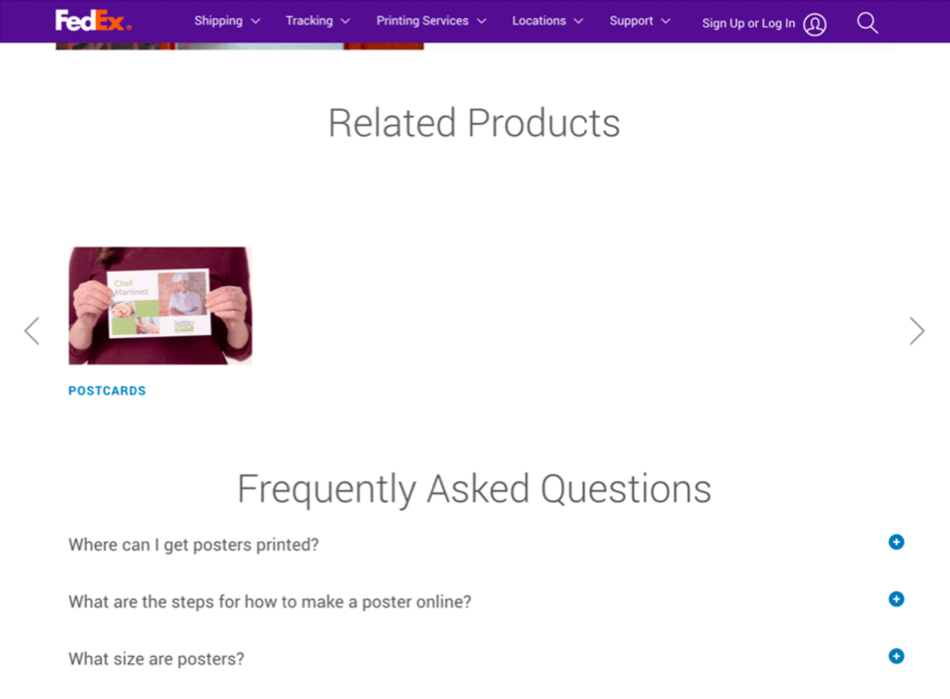 A product carousel on FedEx that is missing several items. 