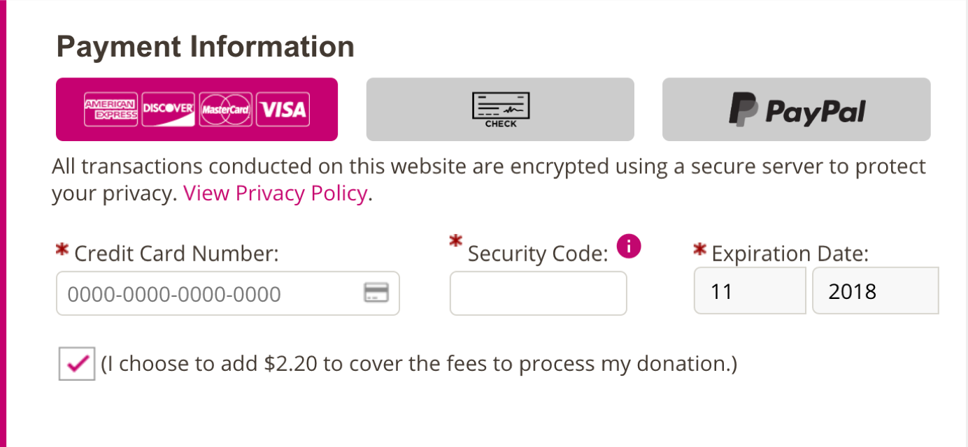 Interface copy on the Susan G Komen website frames a credit card processing fee with emotional language