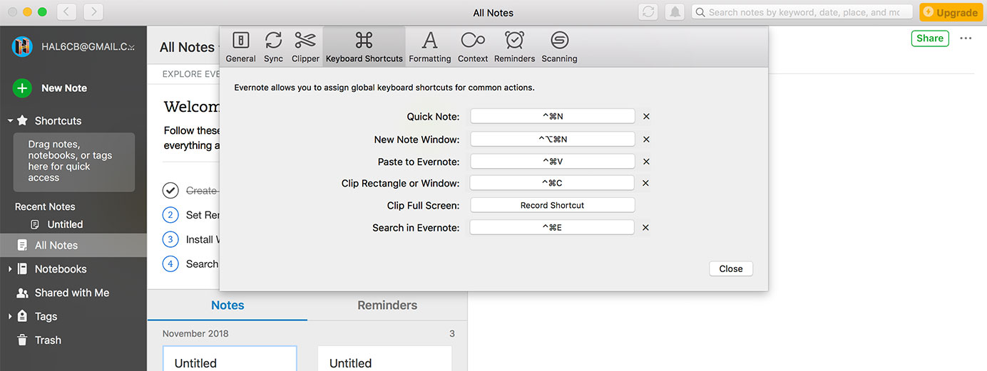 Assigning keyboard shortcuts in Evernote