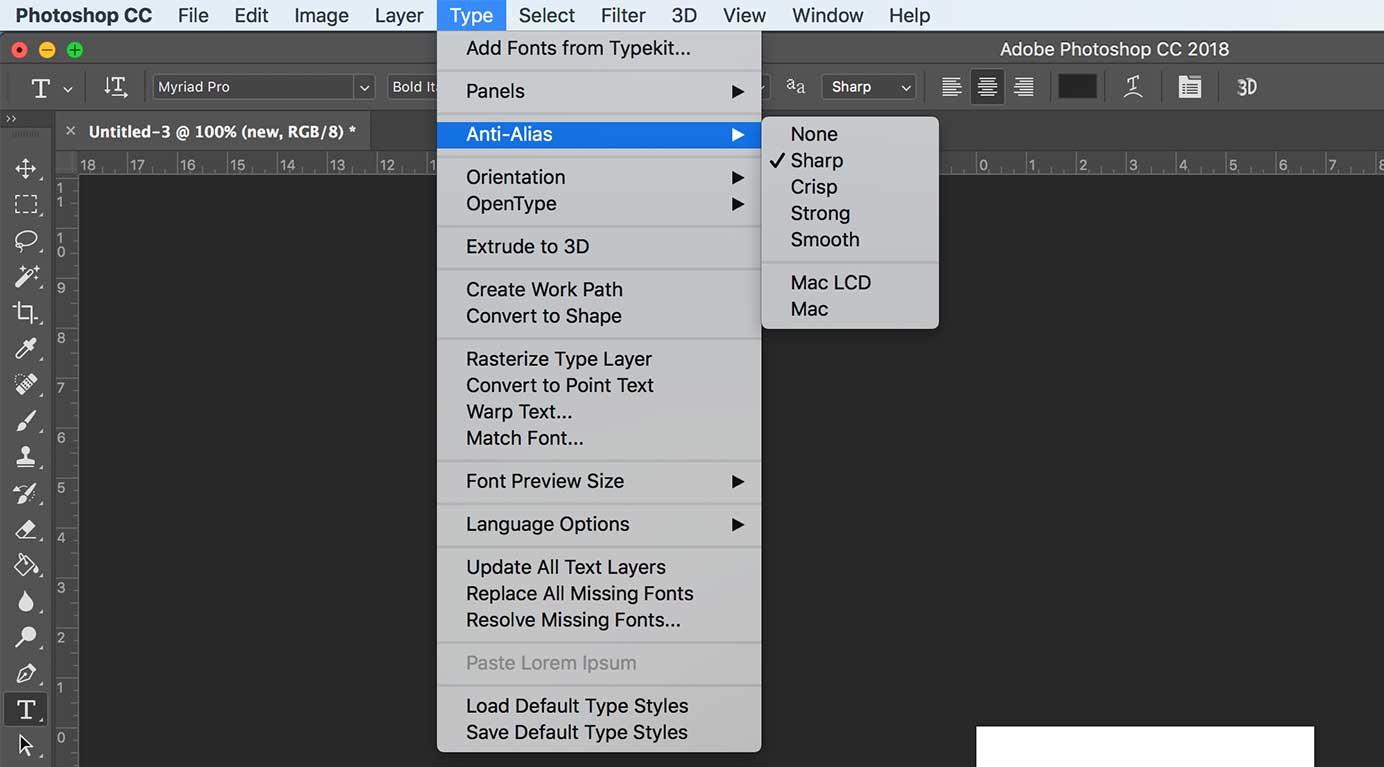 Photoshop’s Anti-Alias menu with commands.