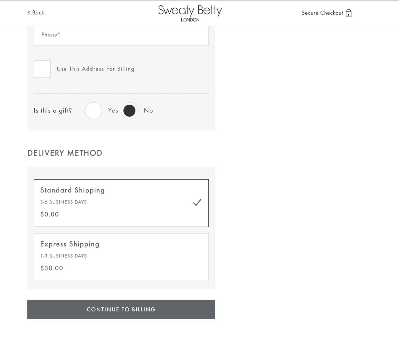 SweatyBetty.com uses specific verb phrases in checkout.