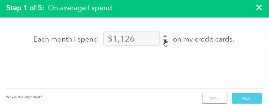 A wizard in the Mint finance app that pulls in a default value, and gives up and down stepper buttons to change the default.