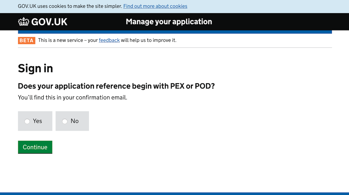 Users who would like to track their passport application in the UK are asked for their reference number. Some hint text tells the user they can find this in their confirmation email.