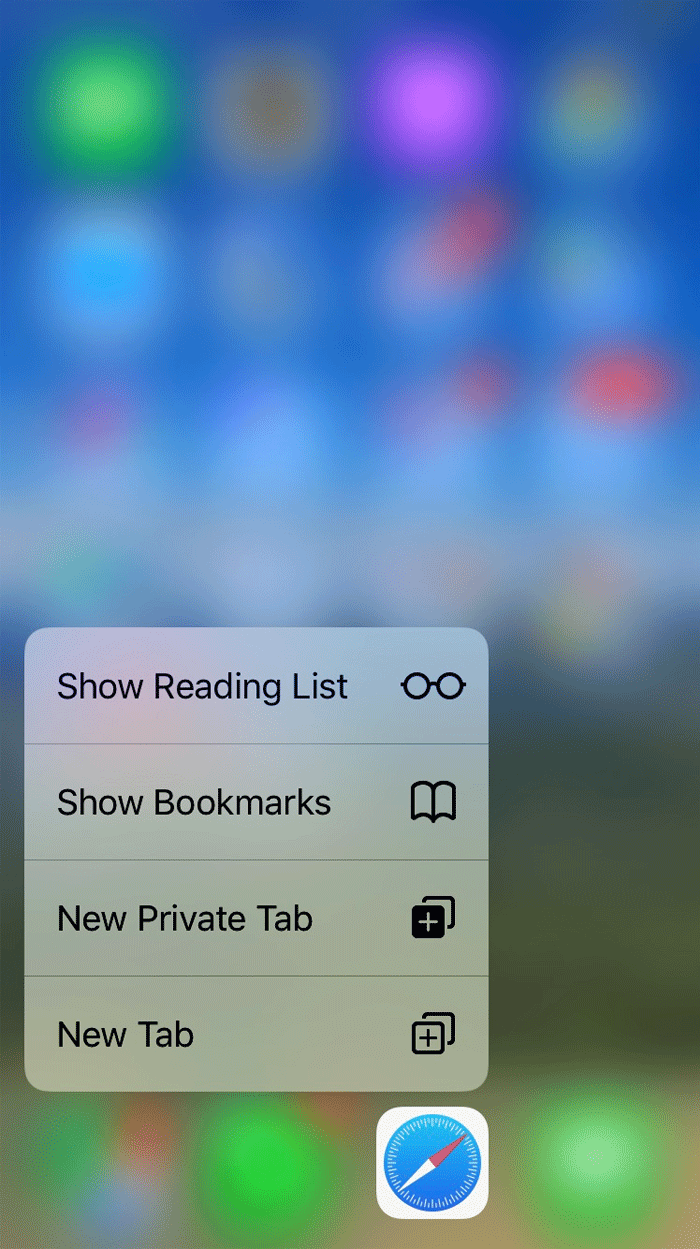 Apple's 3D touch revealed a contextual menu from the Safari application.