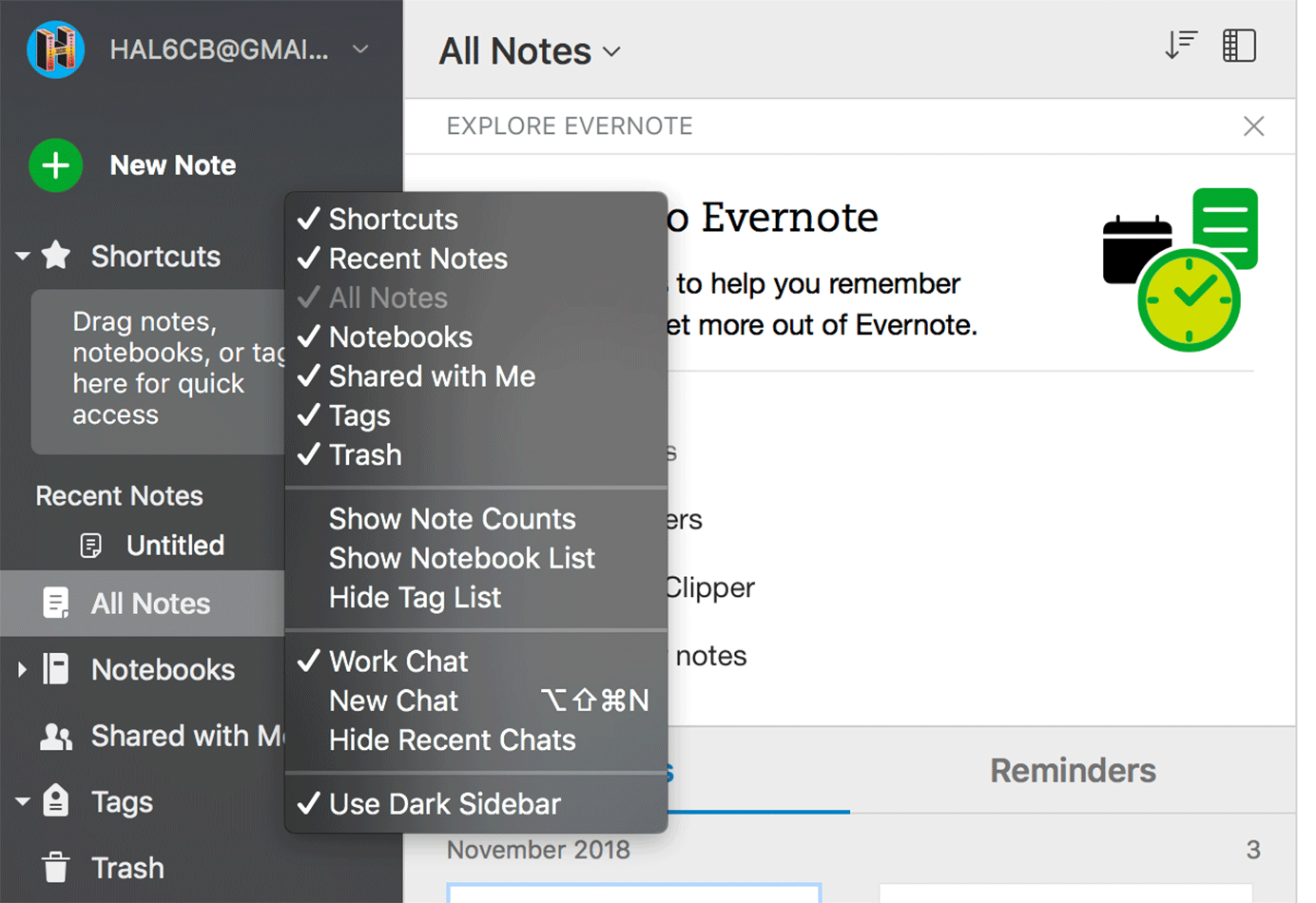 Evernote contextual menu