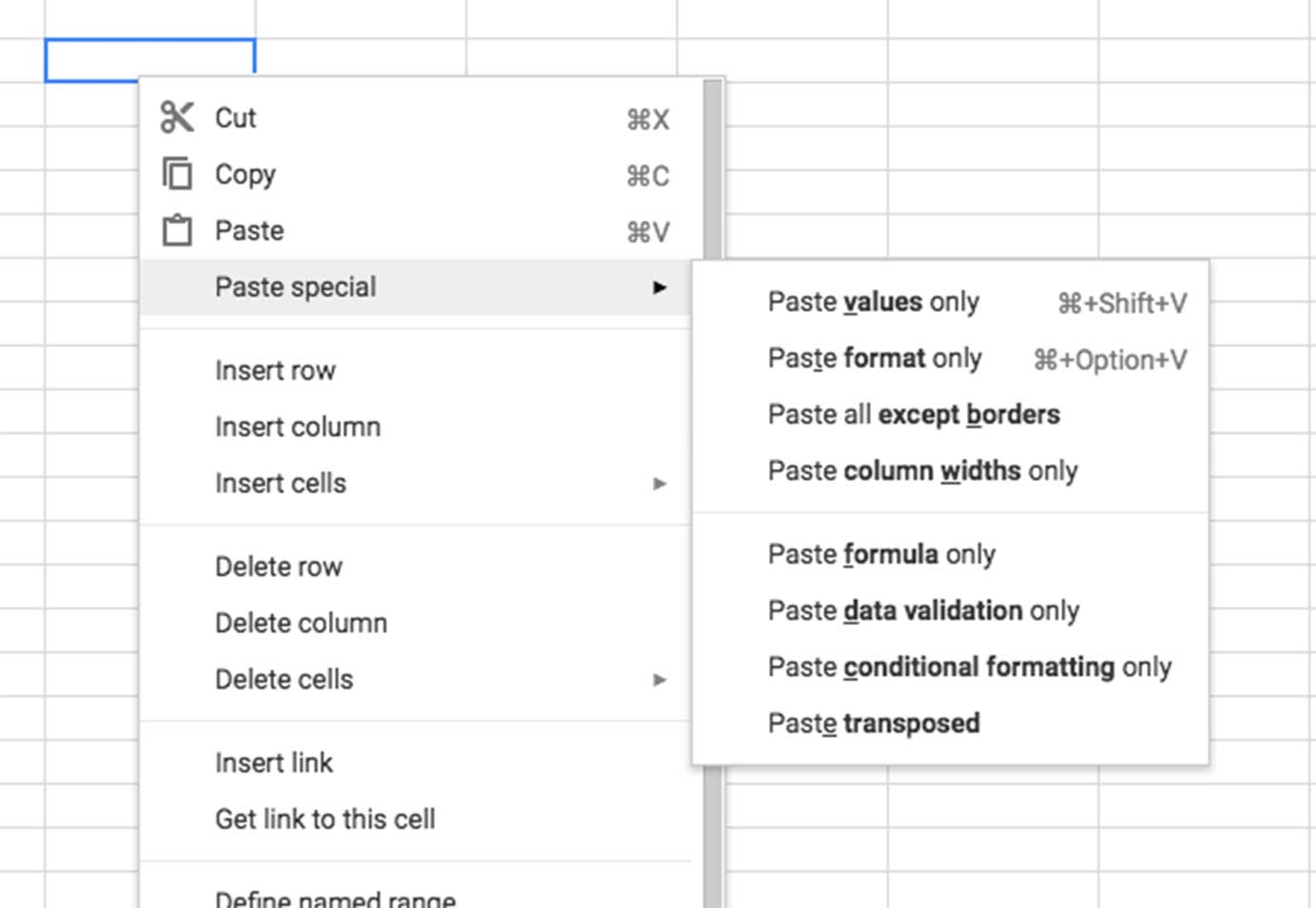 Google Sheets contextual menu with many duplicate commands. 