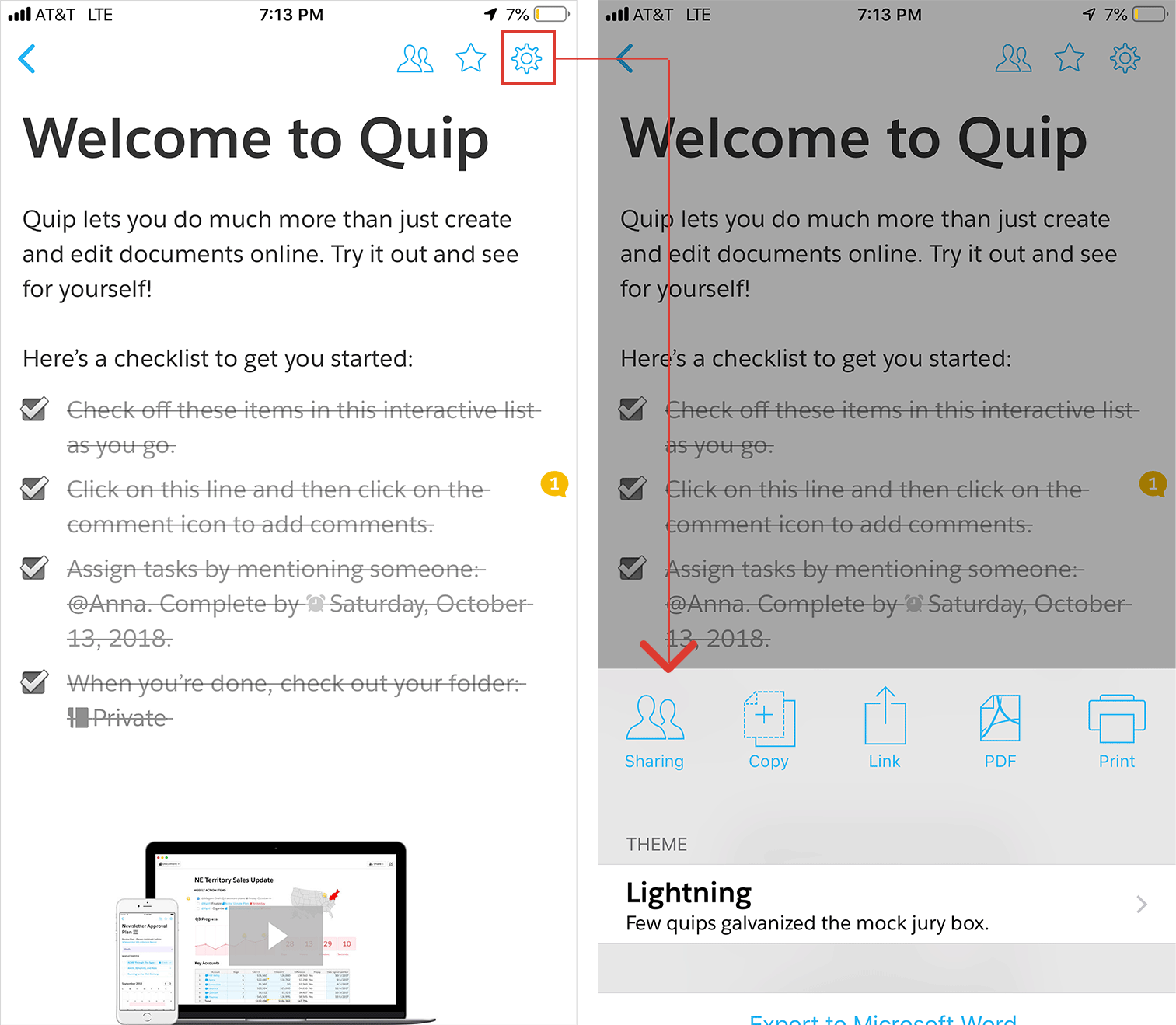 Quip contextual menu using a settings icon.