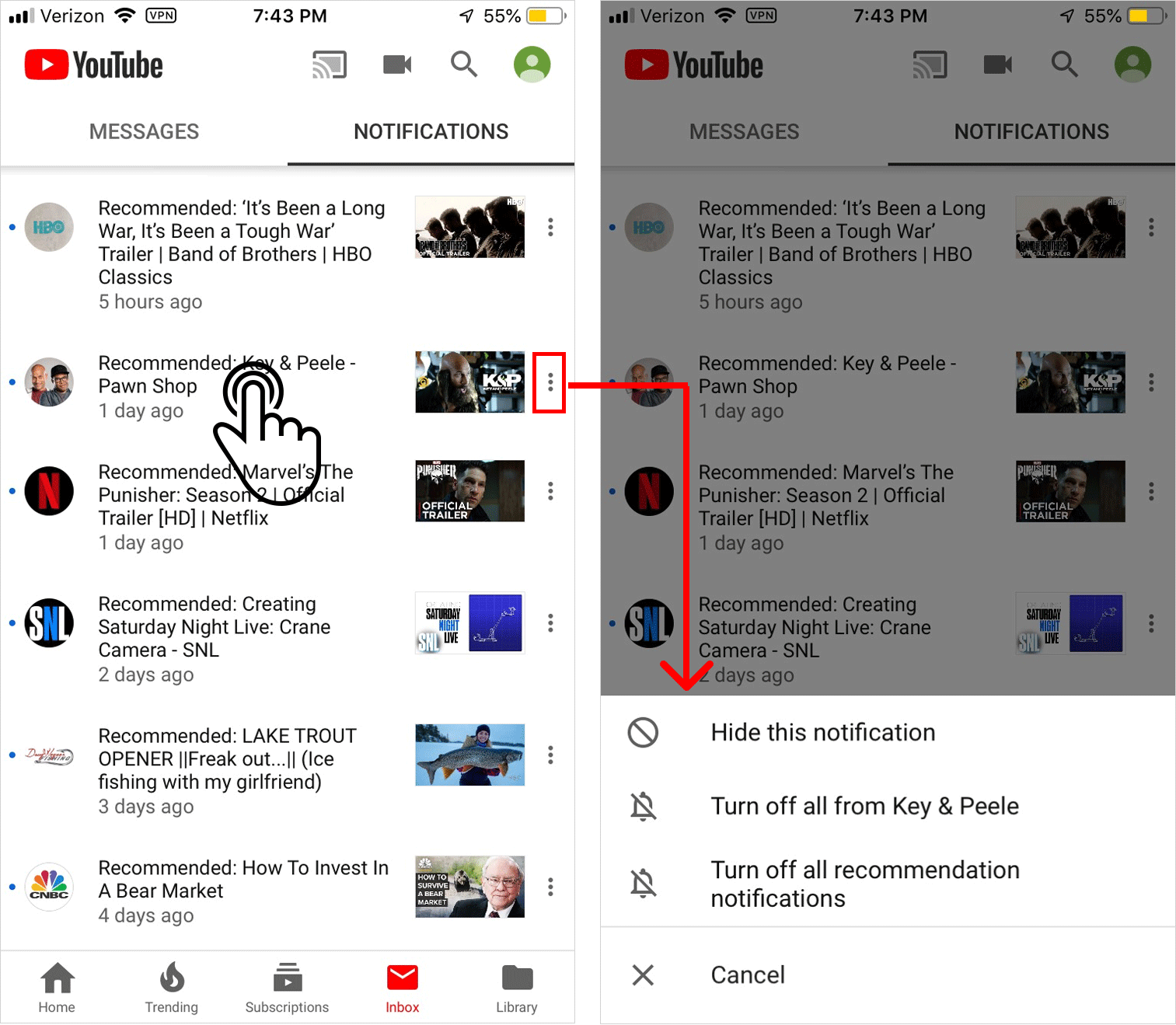 YouTube contextual menu with commands in frequency of use order. 