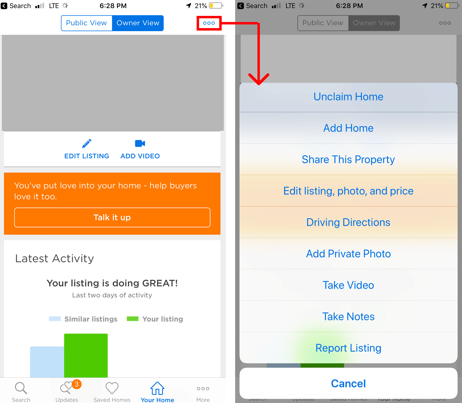 Zillow contextual menu with an appropriate amount of list items. 