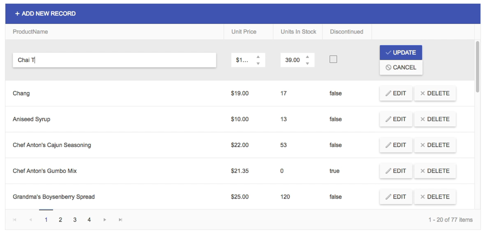 A table with a row in edit mode that is clearly visually signaled