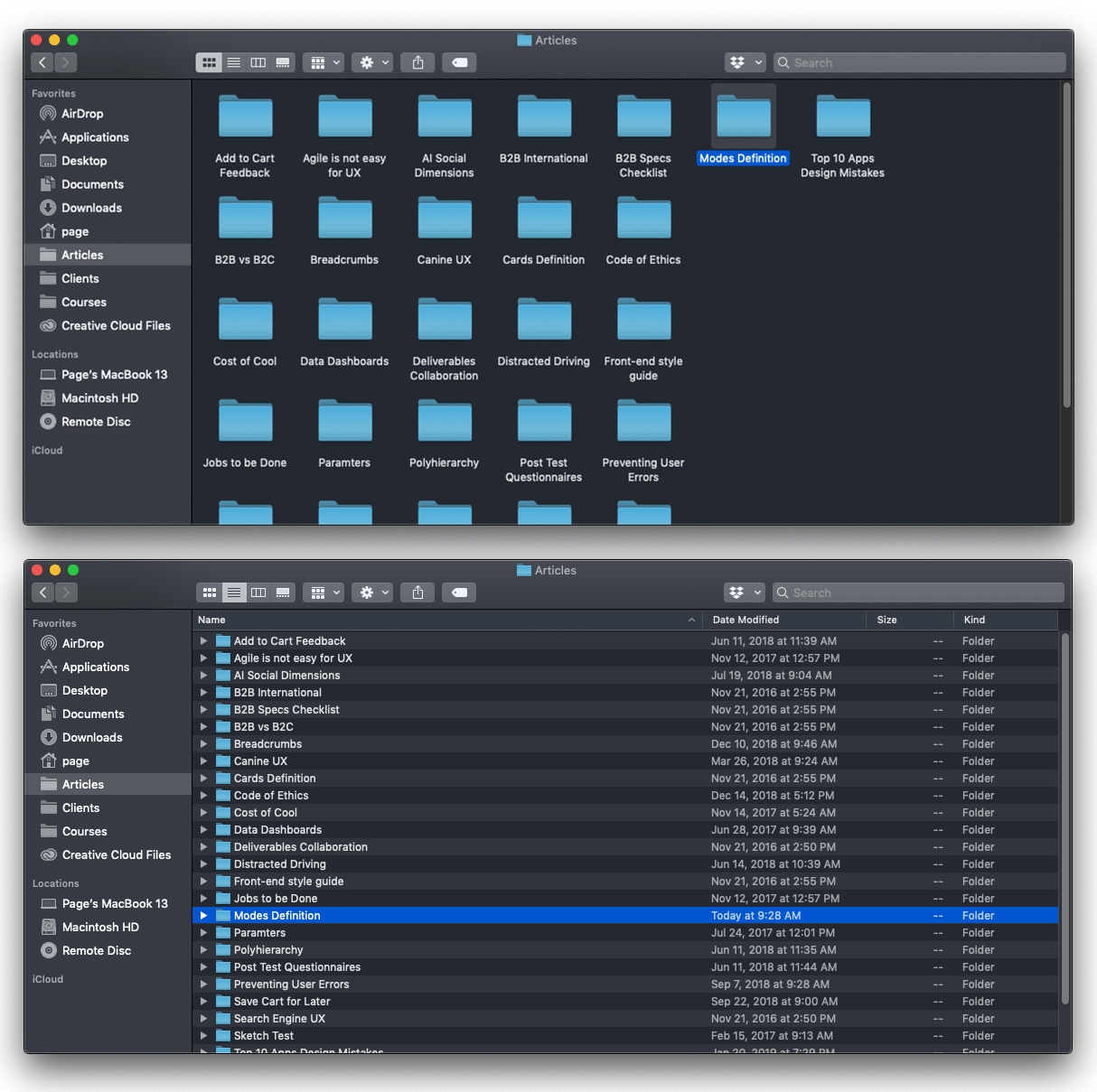 Two Mac Finder windows shoing the same folder structure in two different views (which are not modes)