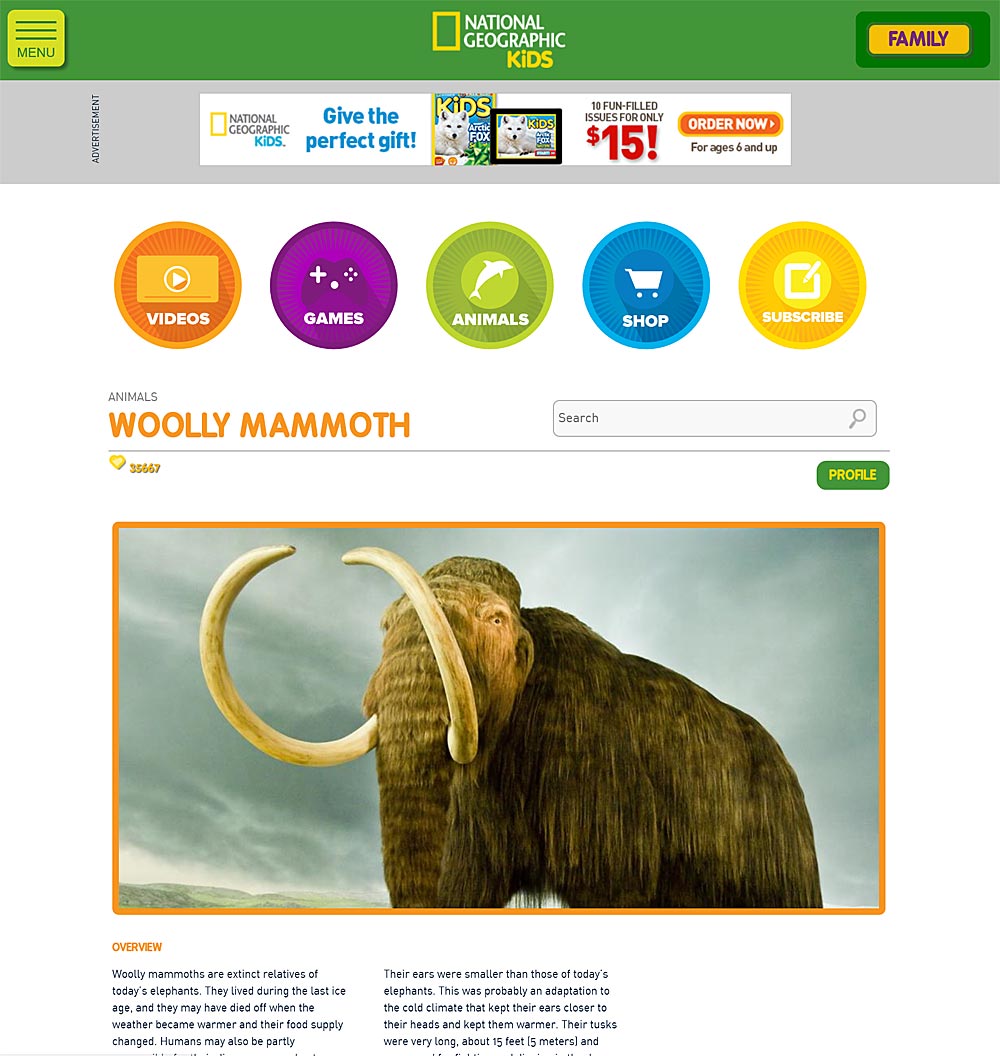 National Geographic Kids: screenshot of web page about the wooly mammoth showing a big picture of the animal