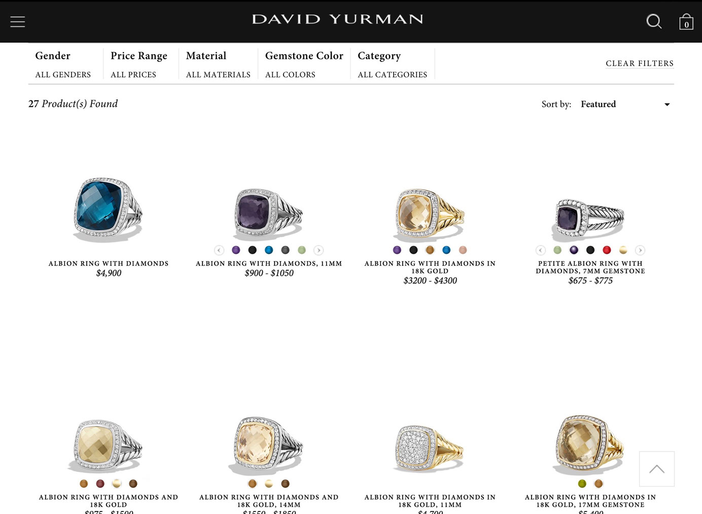 Screenshot of a product-listing page on the David Yurman jewelry website, on a tablet.