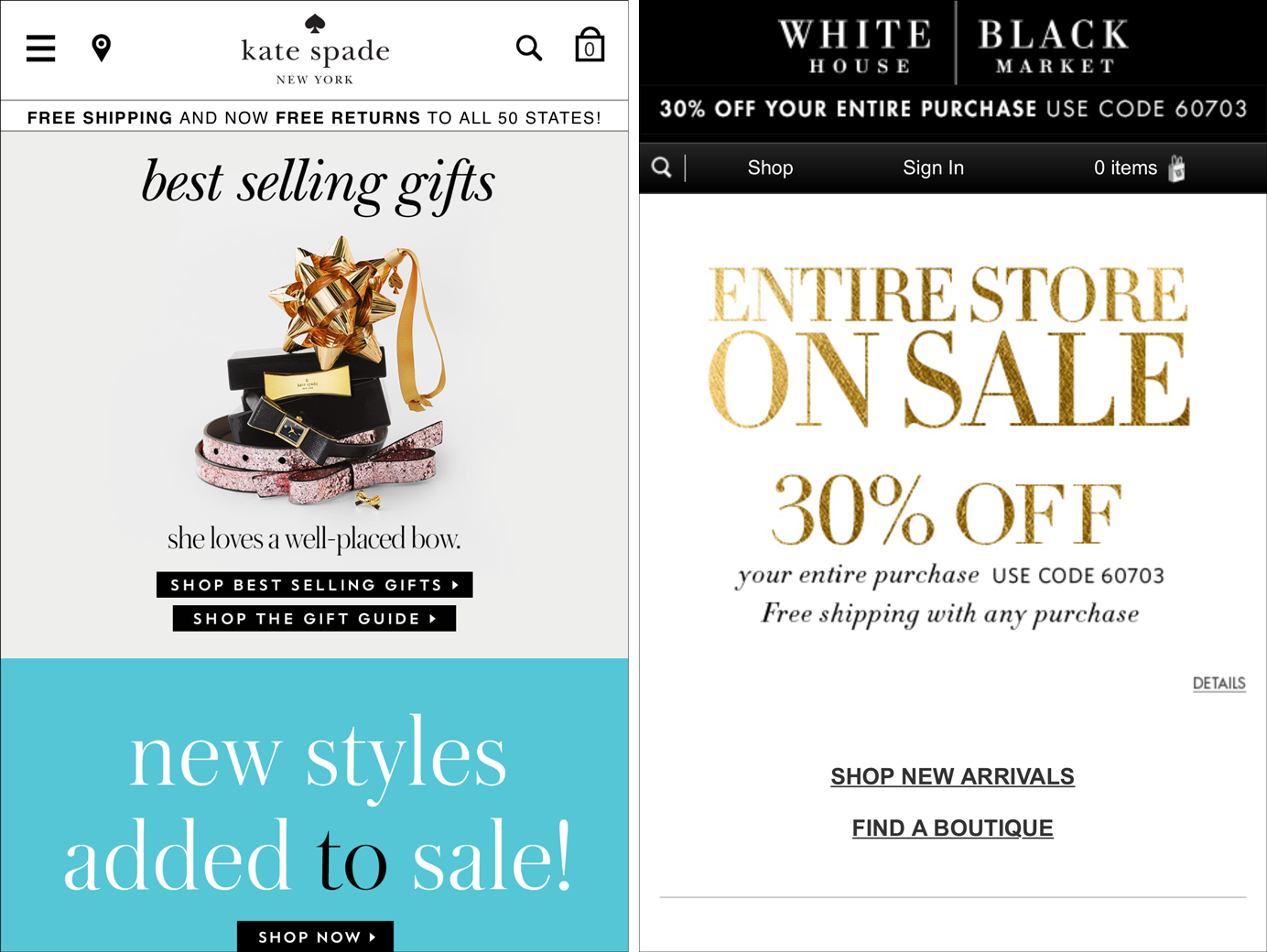 Screenshots comparing link placement on Kate Spade's and White House Black Market's mobile homepages.