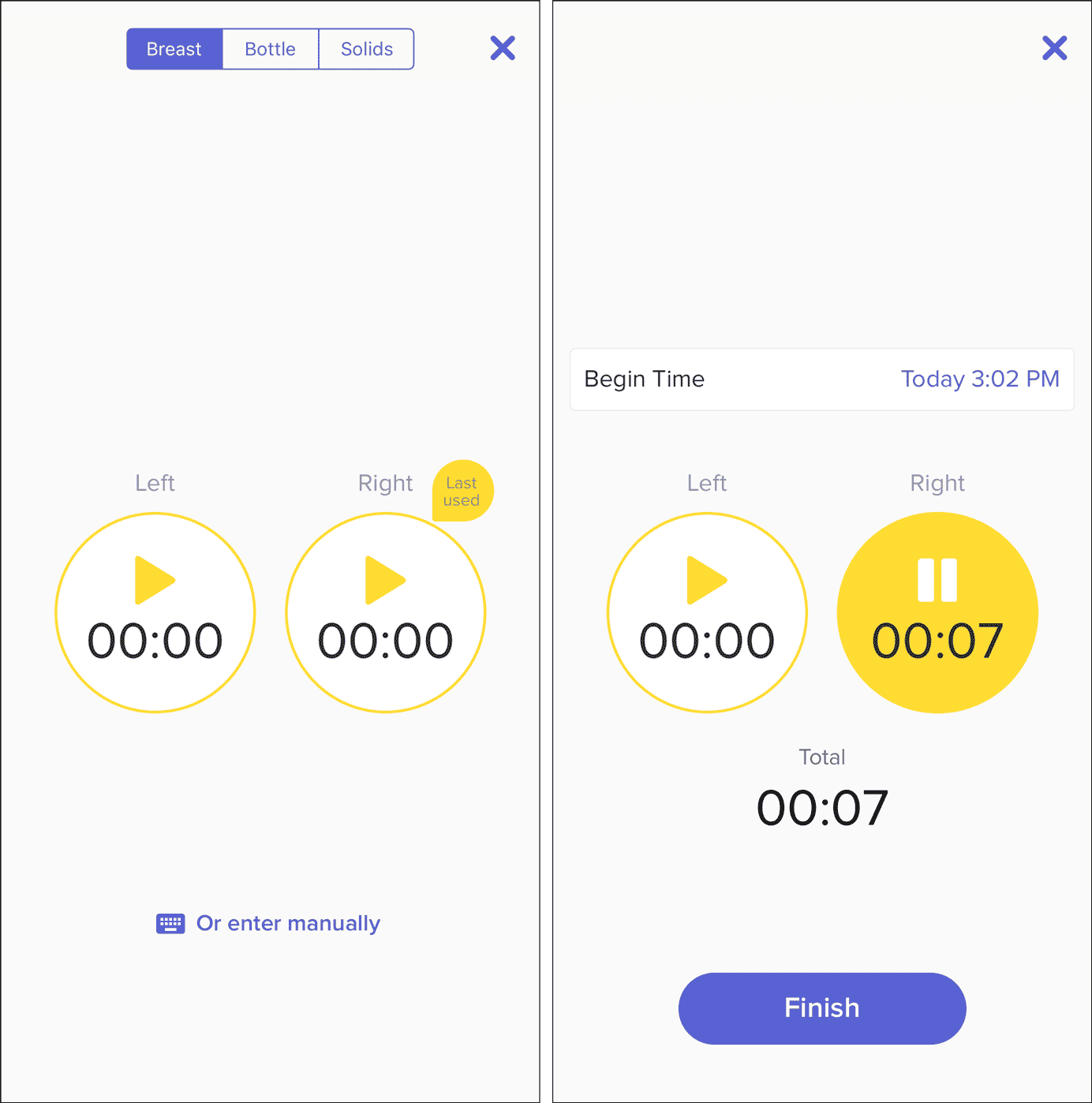 2 screenshots from the Glow Baby app, showing multiple stages of using the nursing timer function.